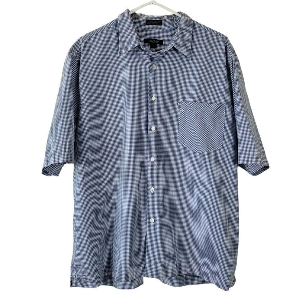 DKNY XL Men's Casual Button Down Shirt Short Sleeve Small Plaid Pattern Blue